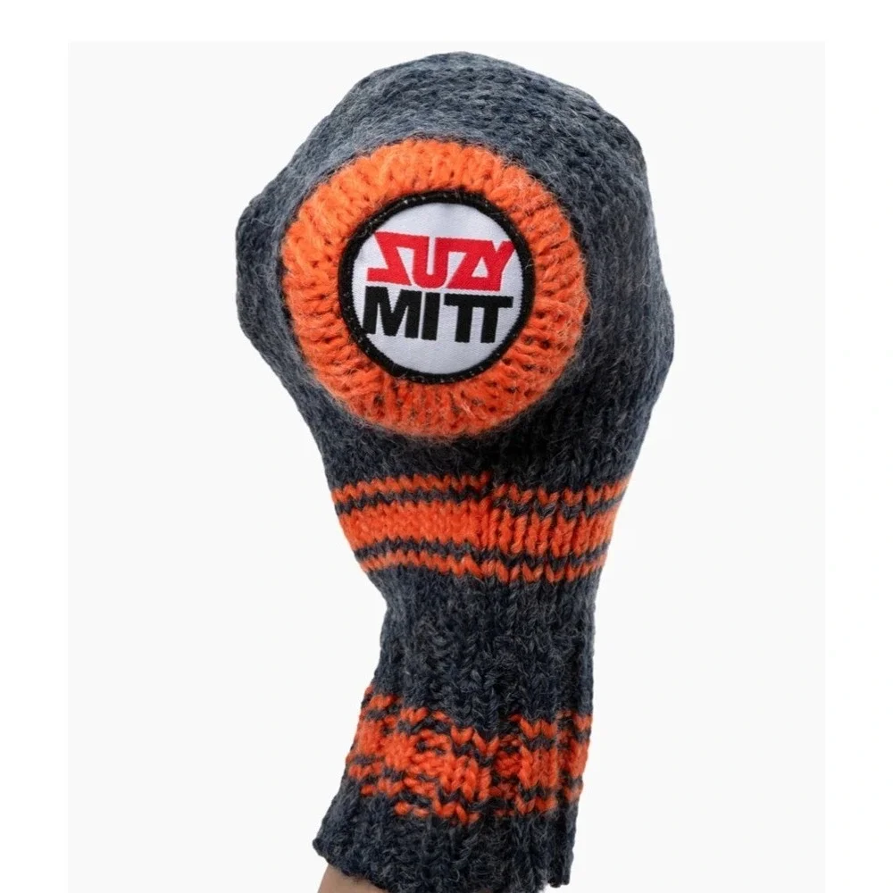 Suzy Mitt Beer Mitten Beverage Holder Grey Orange Striped Knit Tailgate Football